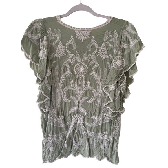 Solitaire Womens Embroidered Blouse S Flutter Sleeve Green Top - Picture 4 of 12